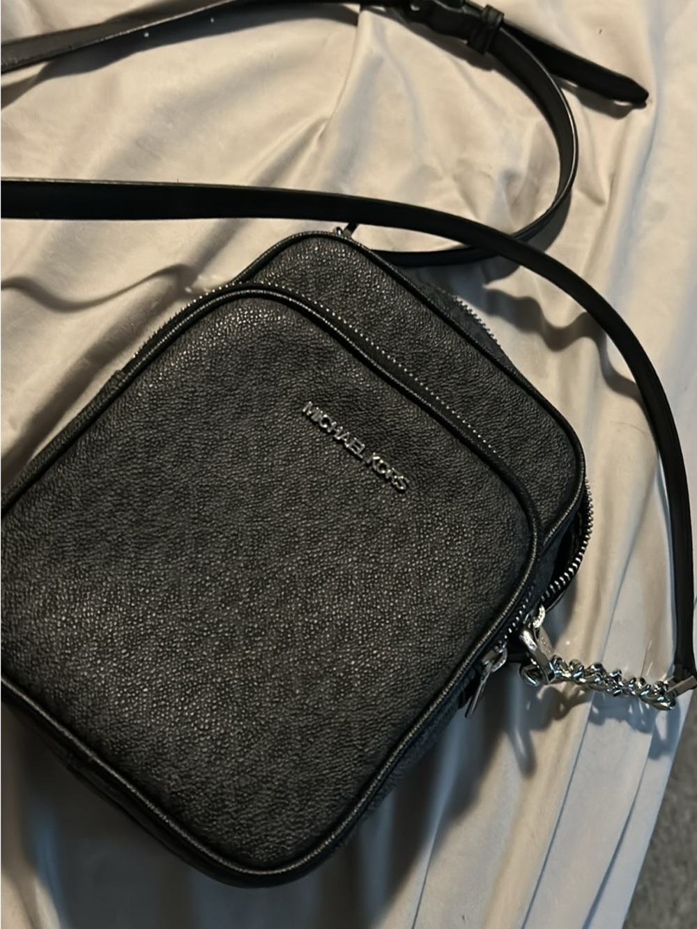 Michael Kors Black Pebbled Leather Belt Bag with Chain Accent